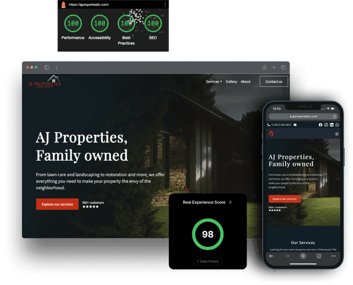 Website view and mobile view mockups of Ajpropertiesllc.com website designed by Stefan Kudla