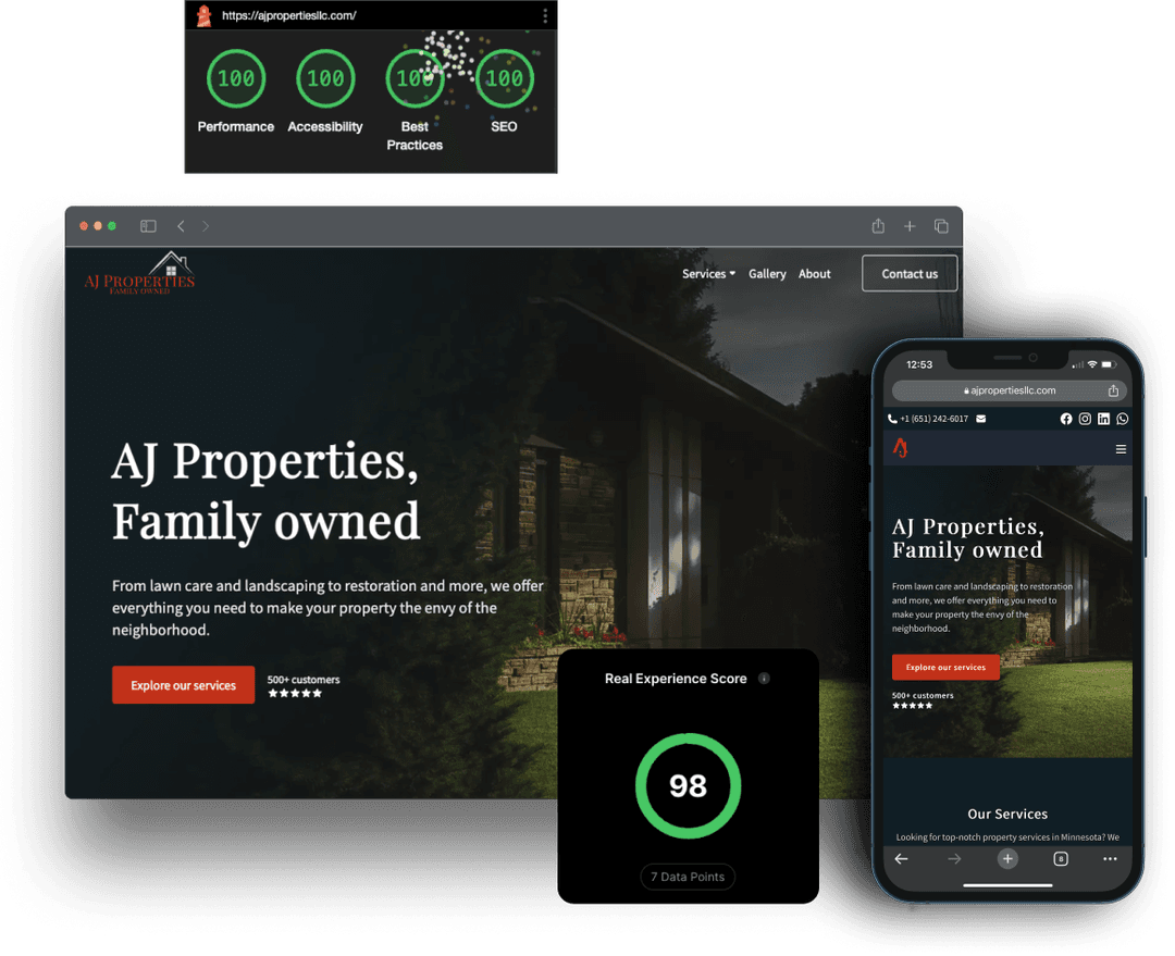 Website view and mobile view mockups of Ajpropertiesllc.com website designed by Stefan Kudla