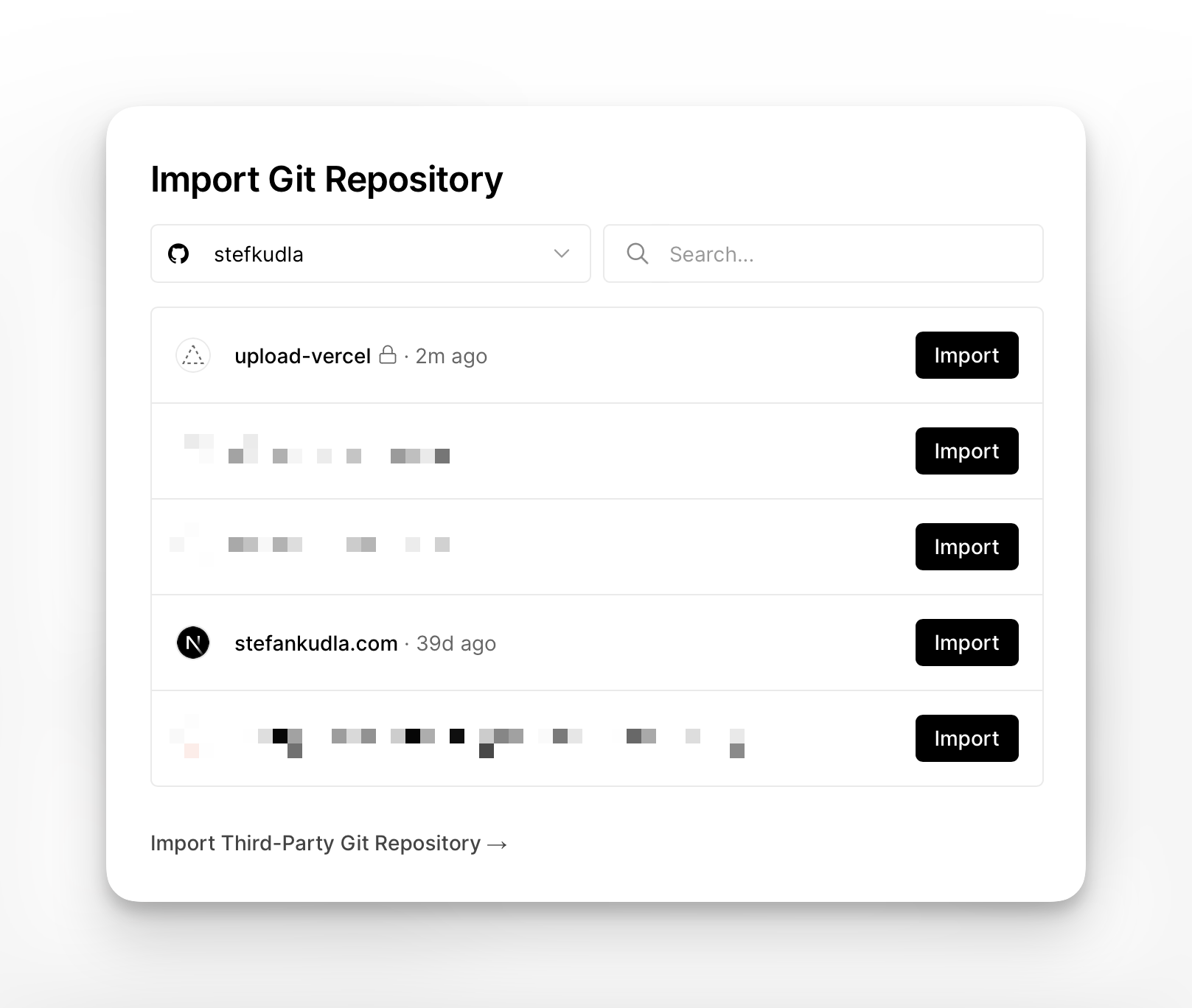 Importing a GitHub repository inside of the Vercel dashboard